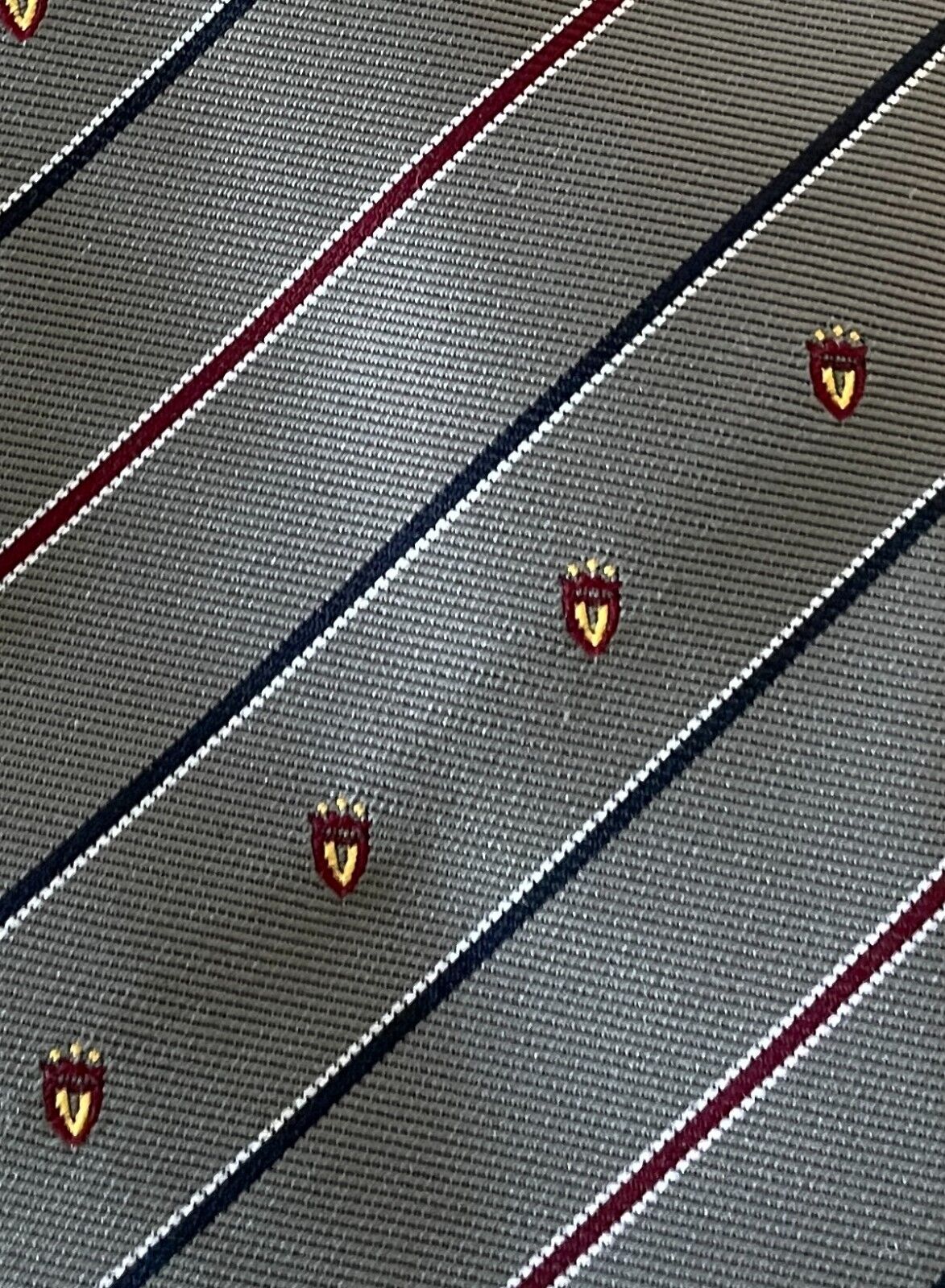 Vintage PIERRE CARDIN Khaki Maroon Navy White Stripe Crest Polyester Neck Tie