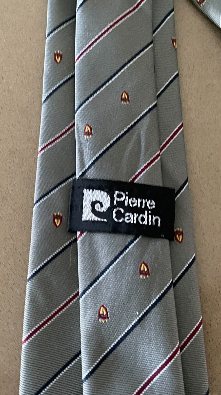 Vintage PIERRE CARDIN Khaki Maroon Navy White Stripe Crest Polyester Neck Tie