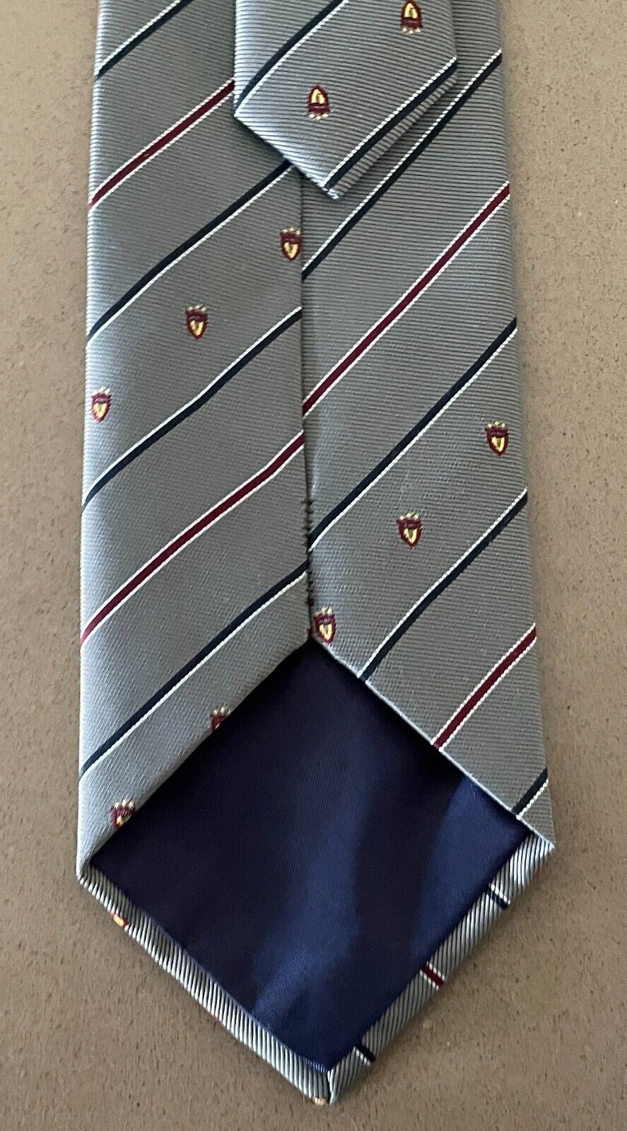 Vintage PIERRE CARDIN Khaki Maroon Navy White Stripe Crest Polyester Neck Tie