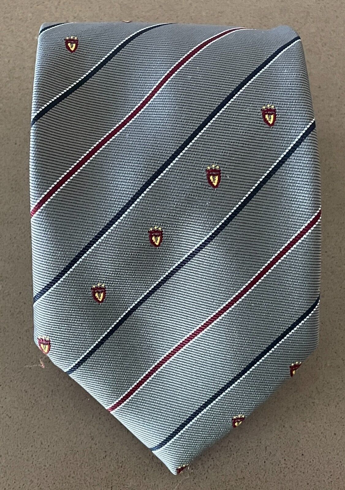 Vintage PIERRE CARDIN Khaki Maroon Navy White Stripe Crest Polyester Neck Tie