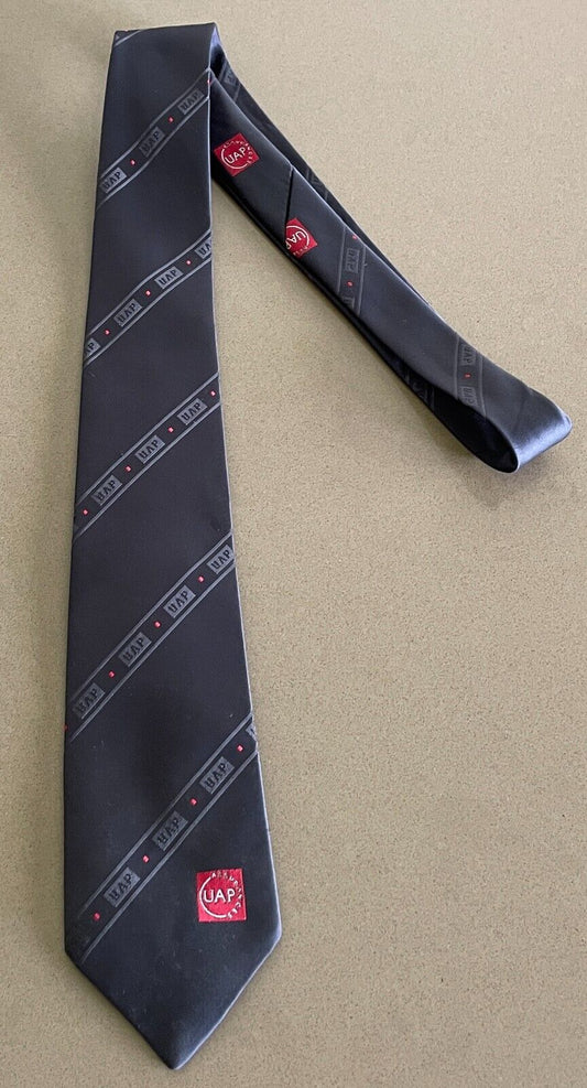 Vintage PIERRE CARDIN Grey & Red Trim UAP ASSURANCES Logo Print Neck  Tie