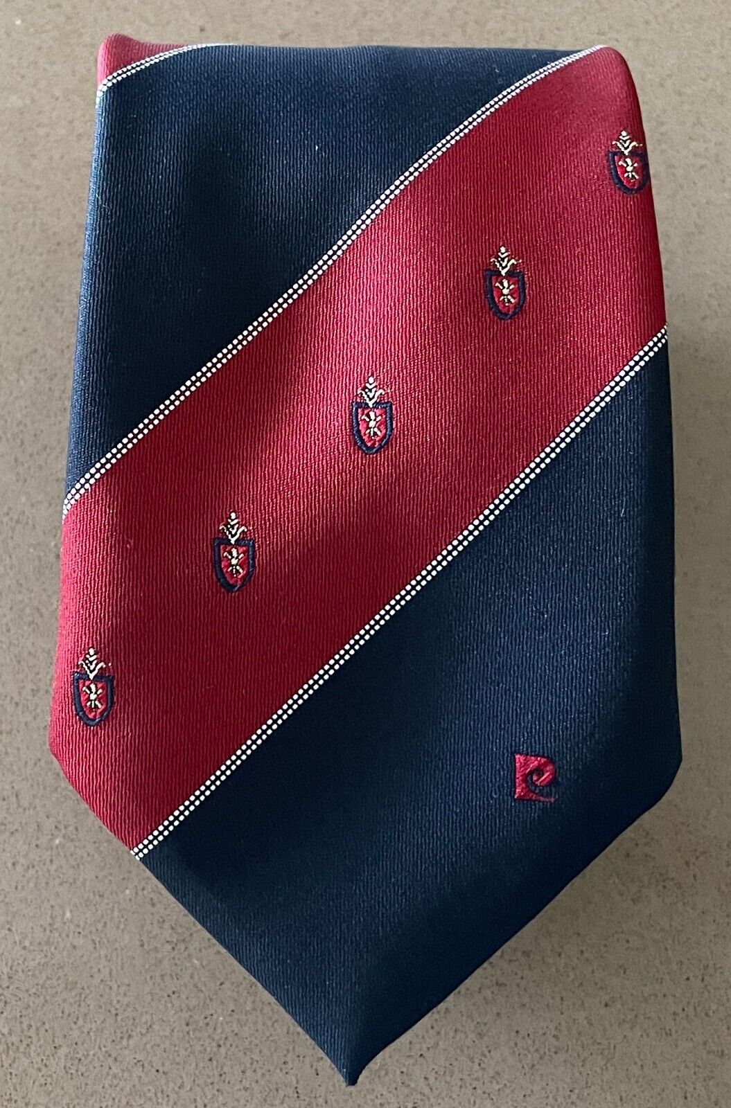 Mens PIERRE CARDIN NeckTie Maroon Navy White Stripe Crest Polyester Neck Tie