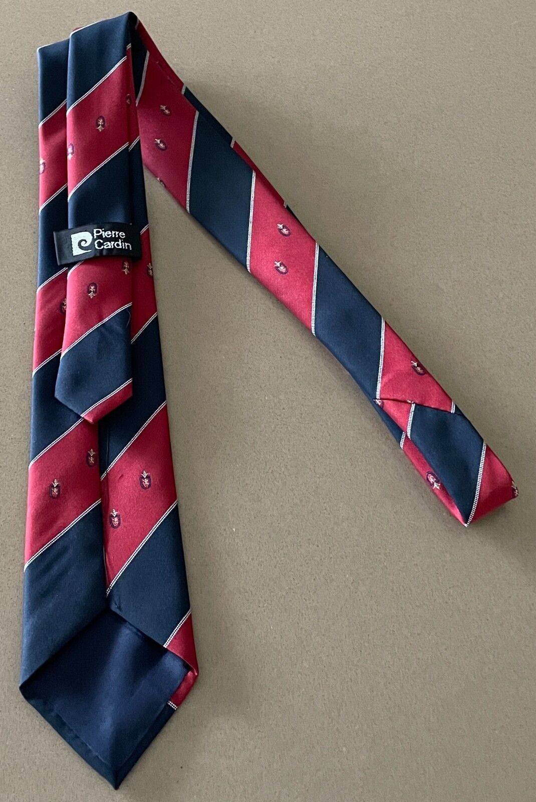 Mens PIERRE CARDIN NeckTie Maroon Navy White Stripe Crest Polyester Neck Tie