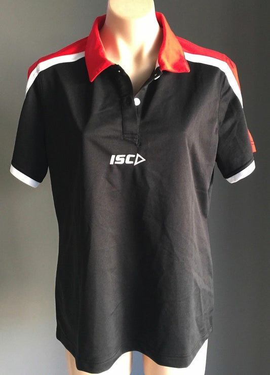 ISC Polo Shirt Black Red White Trim Jersey Training Top Tee Gym Active Sz 14 NEW