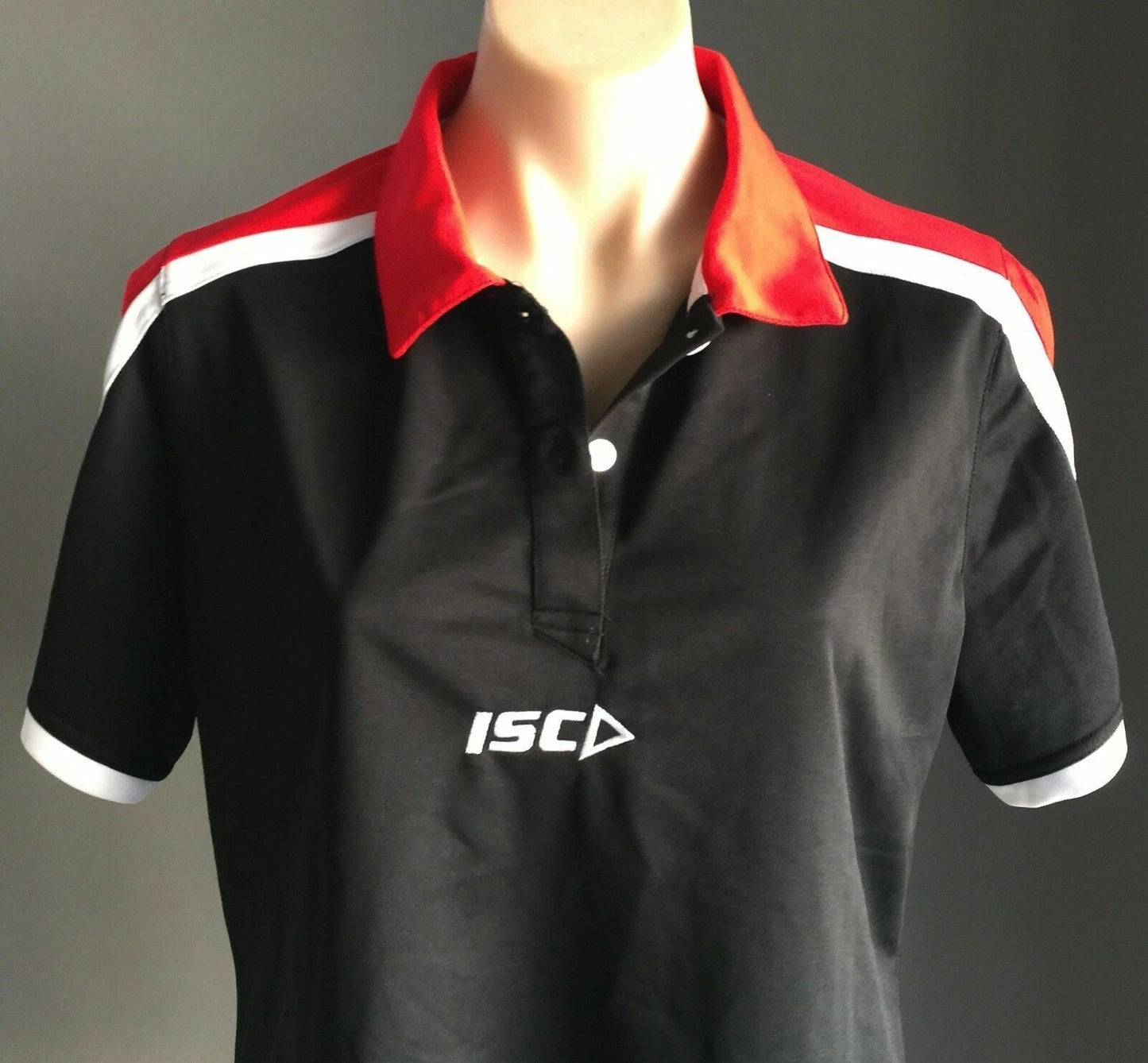 ISC Polo Shirt Black Red White Trim Jersey Training Top Tee Gym Active Sz 14 NEW