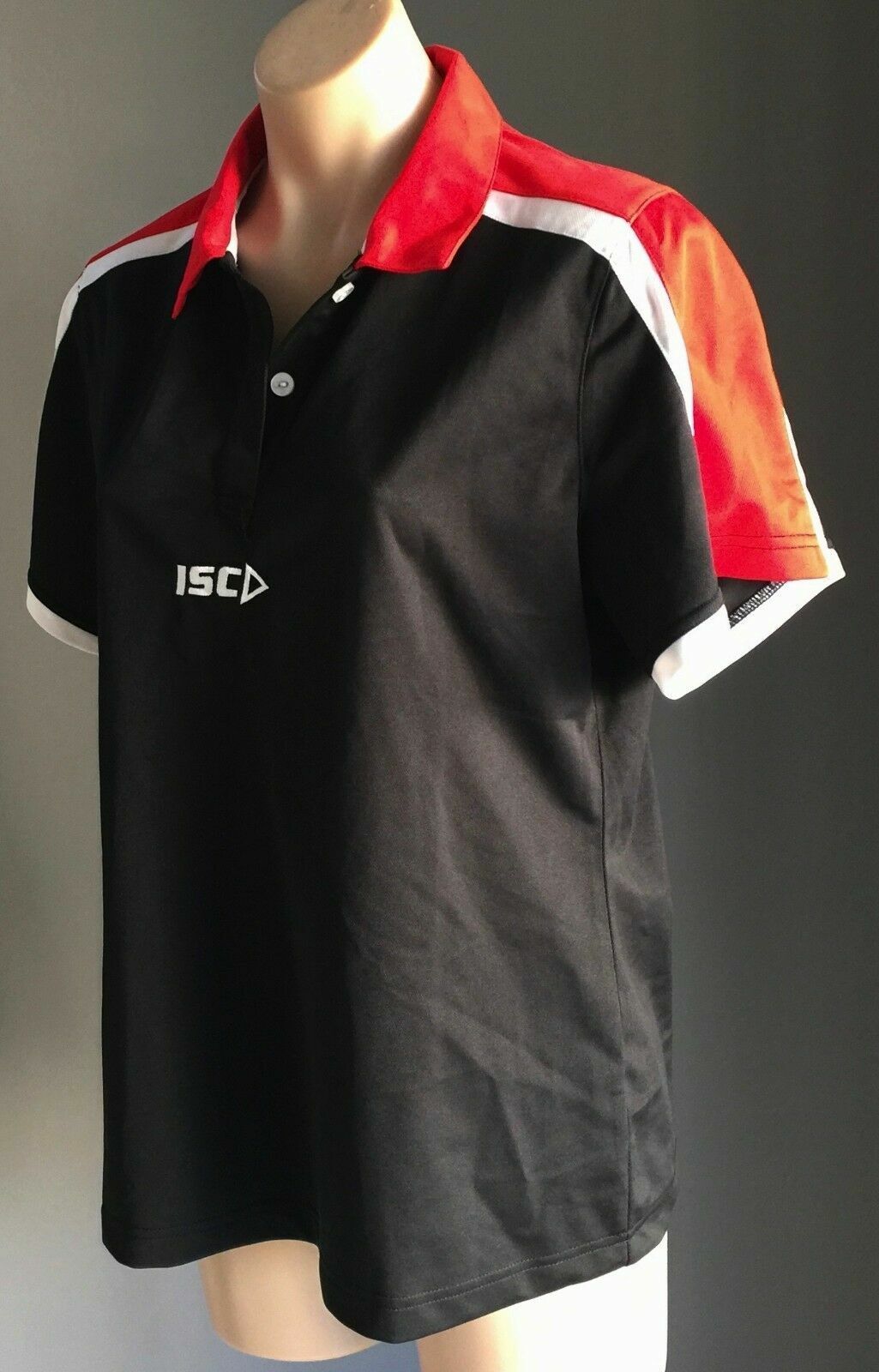ISC Polo Shirt Black Red White Trim Jersey Training Top Tee Gym Active Sz 14 NEW