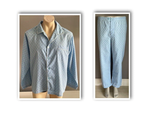 SOLUTIONS Pyjama Light Blue White Print Long Sleeve & Pants PJs Set Mens Size M