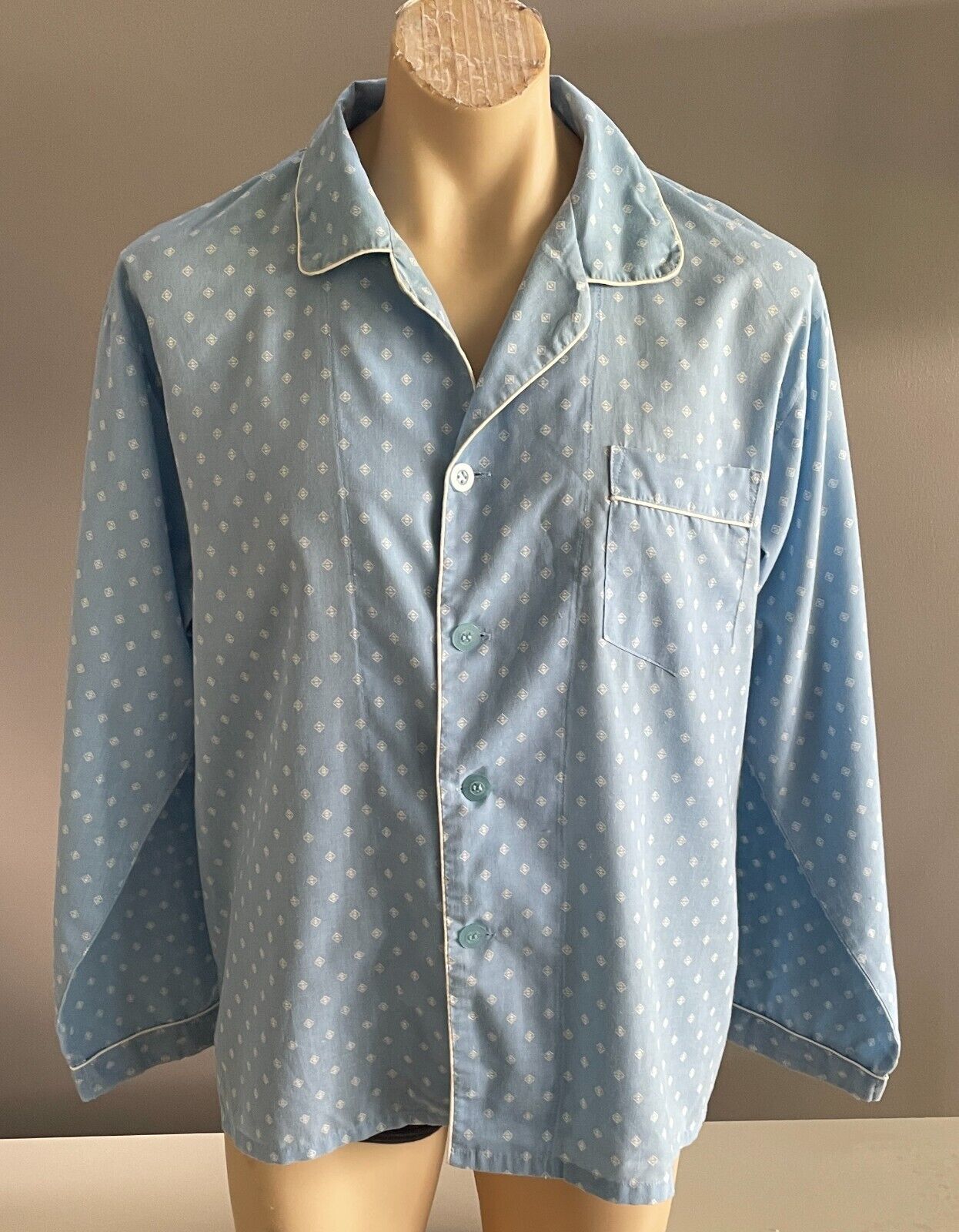 SOLUTIONS Pyjama Light Blue White Print Long Sleeve & Pants PJs Set Mens Size M