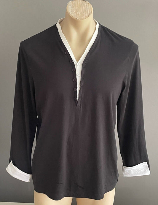 Mens SABA Top Black & White Trim Henley Style Long Sleeve Size L Stretch Fabric