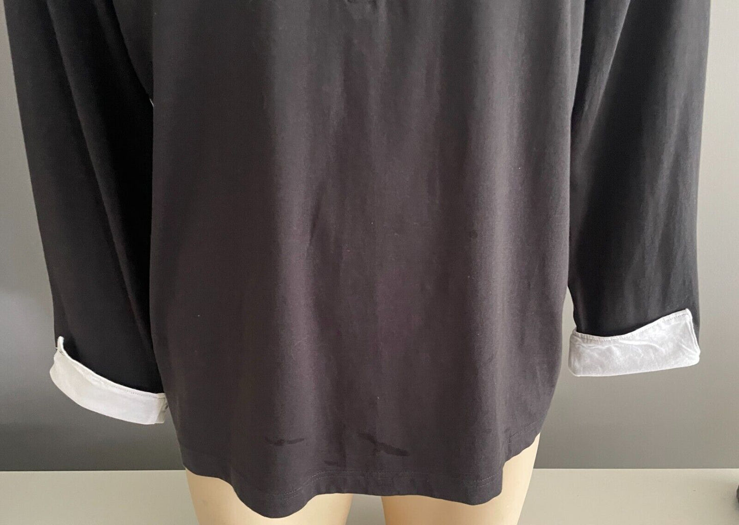 Mens SABA Top Black & White Trim Henley Style Long Sleeve Size L Stretch Fabric