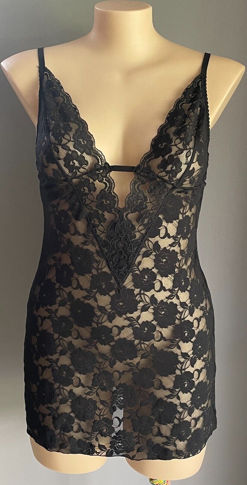 HANKY PANKY Chemise  Black Lace Mini Adjustable Strap Cross Back Sexy Size 16