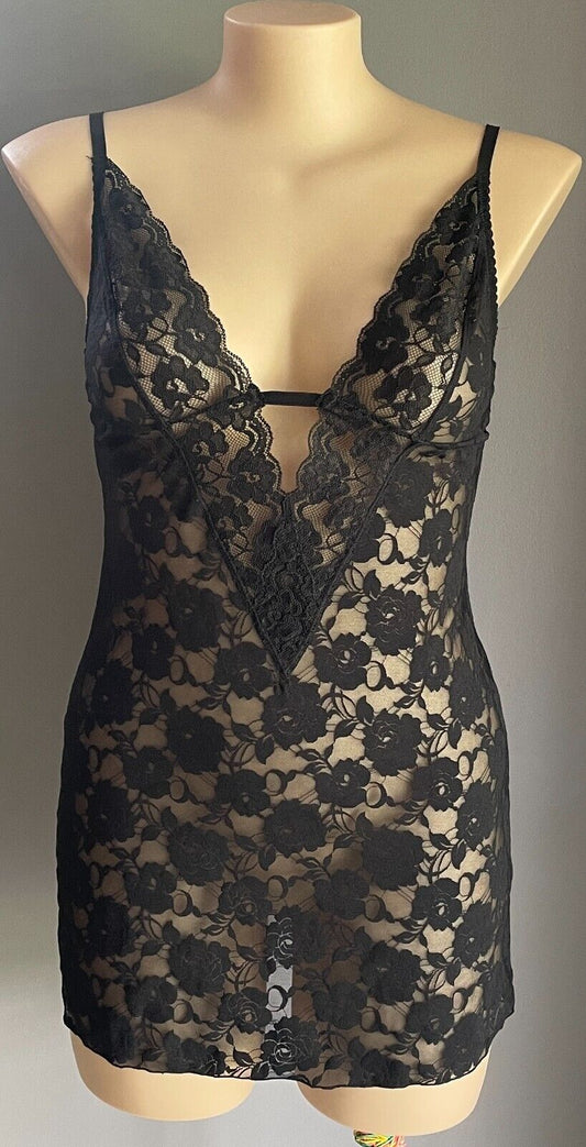 HANKY PANKY Chemise  Black Lace Mini Adjustable Strap Cross Back Sexy Size 16