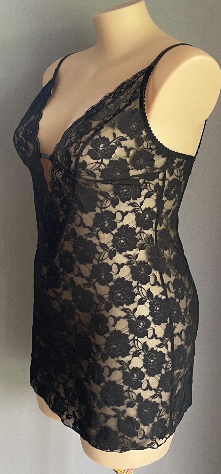 HANKY PANKY Chemise  Black Lace Mini Adjustable Strap Cross Back Sexy Size 16