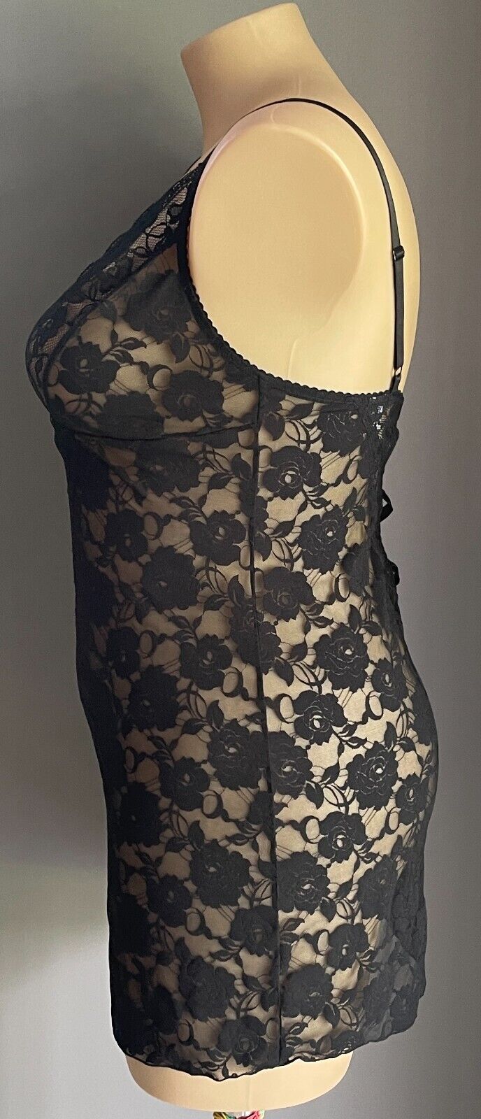 HANKY PANKY Chemise  Black Lace Mini Adjustable Strap Cross Back Sexy Size 16