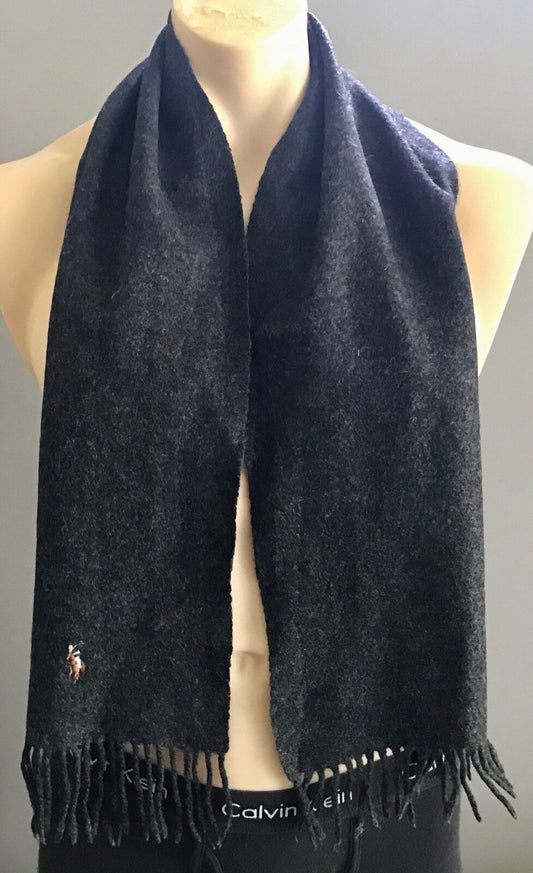 Mens Neck Scarf POLO RALPH LAUREN w Fringe Wool Charcoal Grey Logo Italy NEW