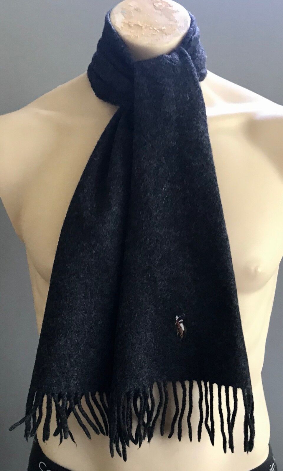 Mens Neck Scarf POLO RALPH LAUREN w Fringe Wool Charcoal Grey Logo Italy NEW