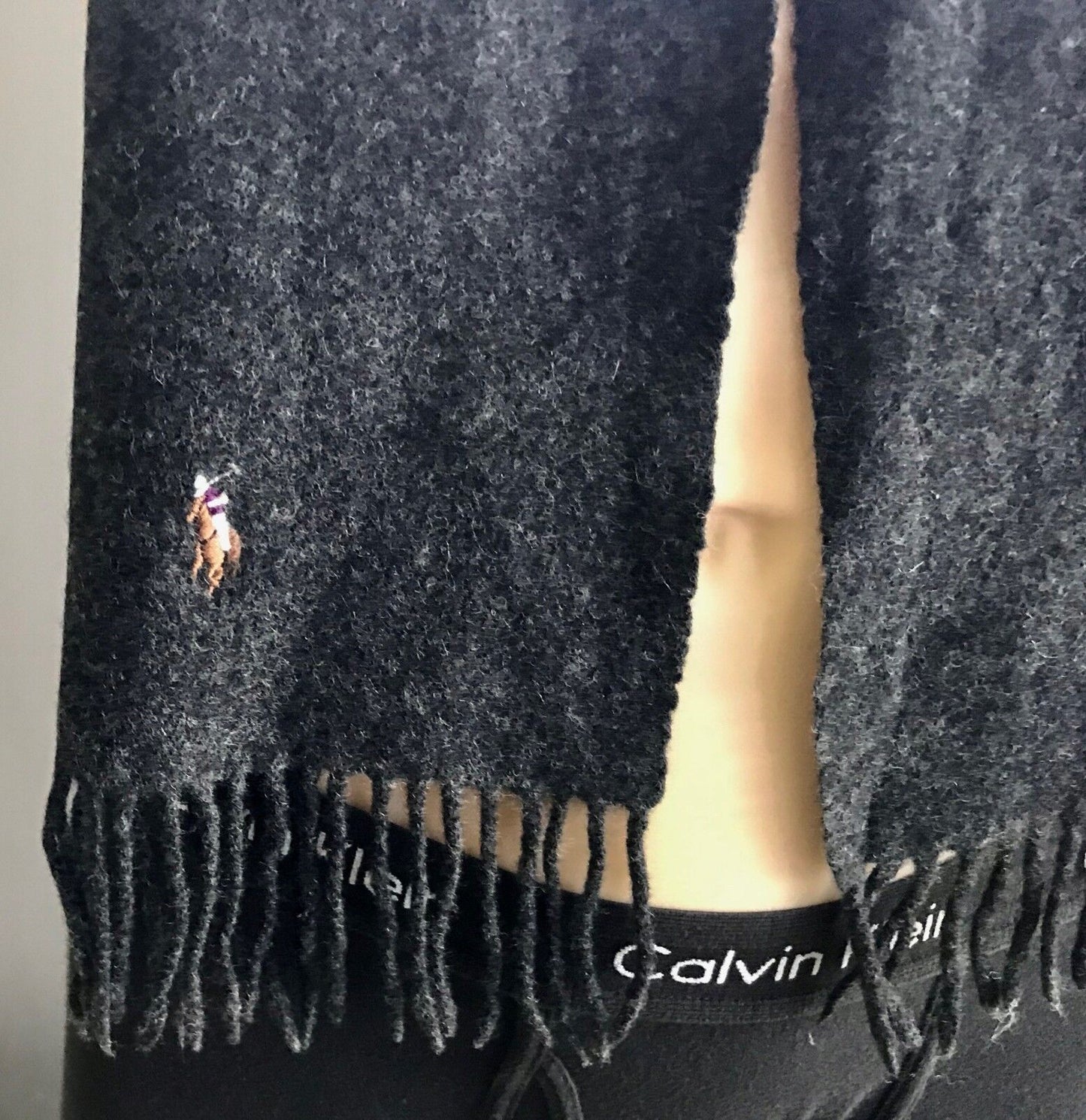 Mens Neck Scarf POLO RALPH LAUREN w Fringe Wool Charcoal Grey Logo Italy NEW