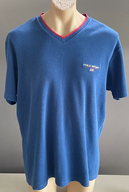 POLO SPORT by RALPH LAUREN T-Shirt Blue Waffle V Neck Mens XL 128cm US Flag
