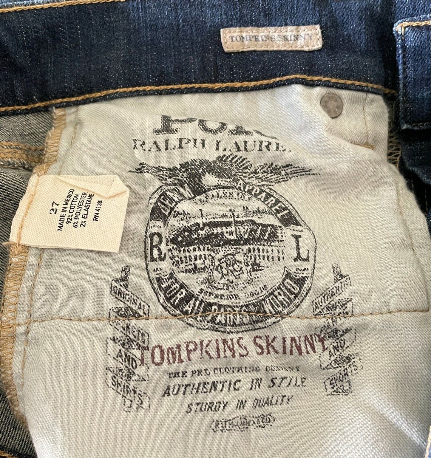 POLO Ralph Lauren Skinny Jeans Tompkins Blue Denim Distressed Look Size 27