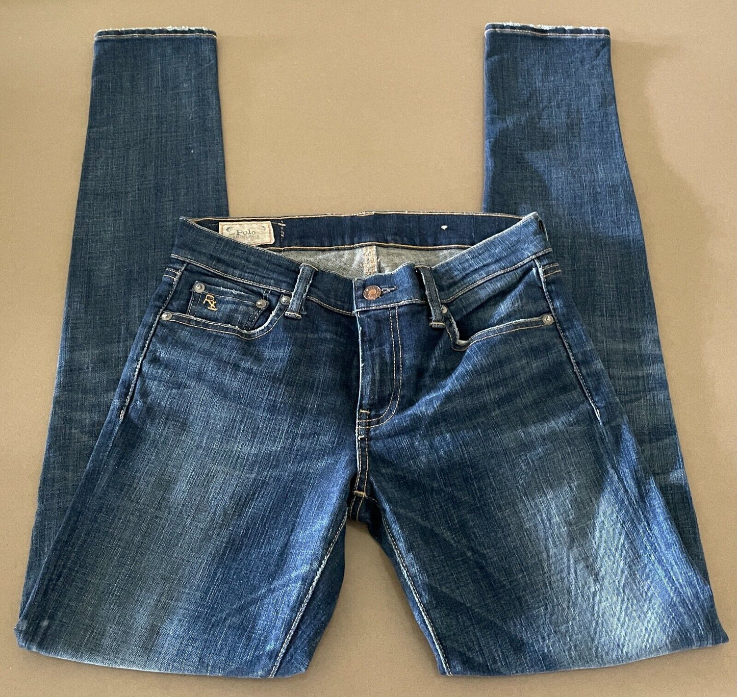 POLO Ralph Lauren Skinny Jeans Tompkins Blue Denim Distressed Look Size 27