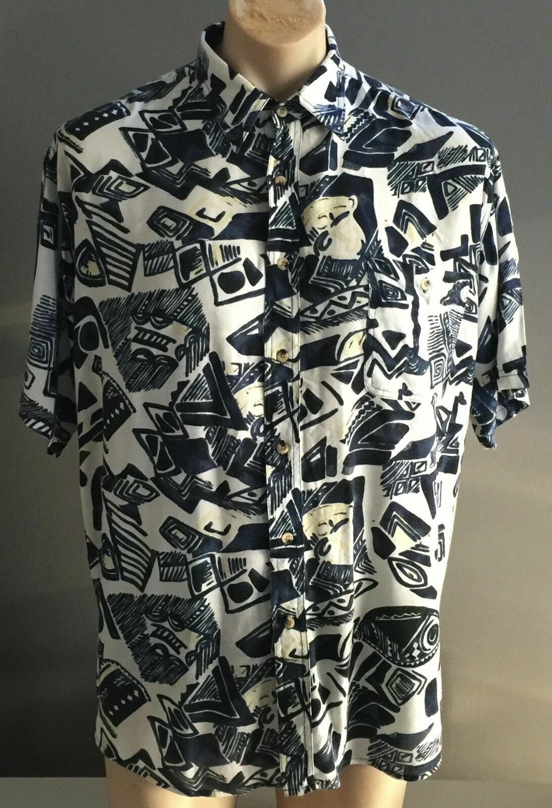 BLUE RIDGE Loud Shirt Blue White Gold Abstract Viscose Size L 100cm Chest 1980s