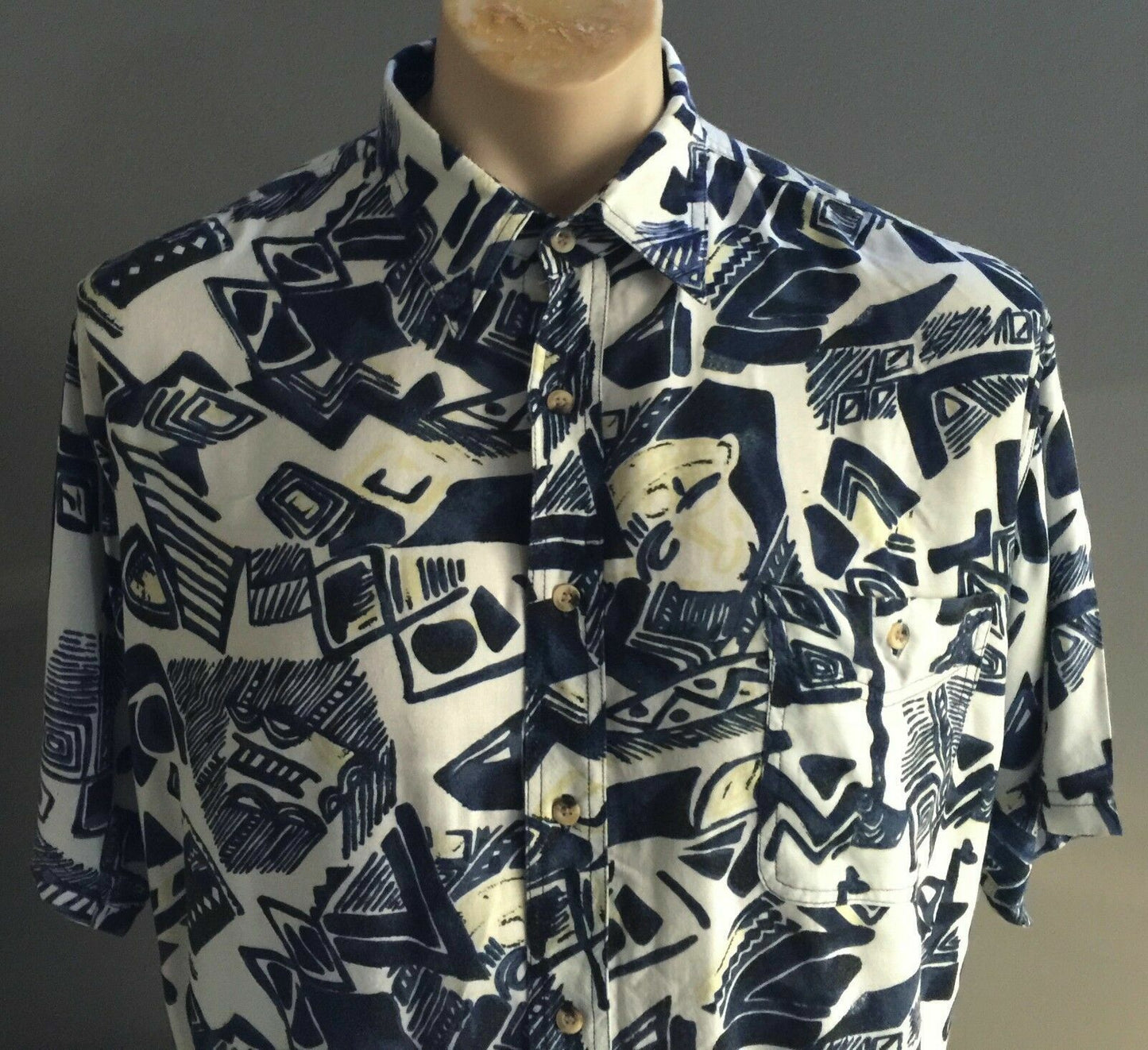 BLUE RIDGE Loud Shirt Blue White Gold Abstract Viscose Size L 100cm Chest 1980s