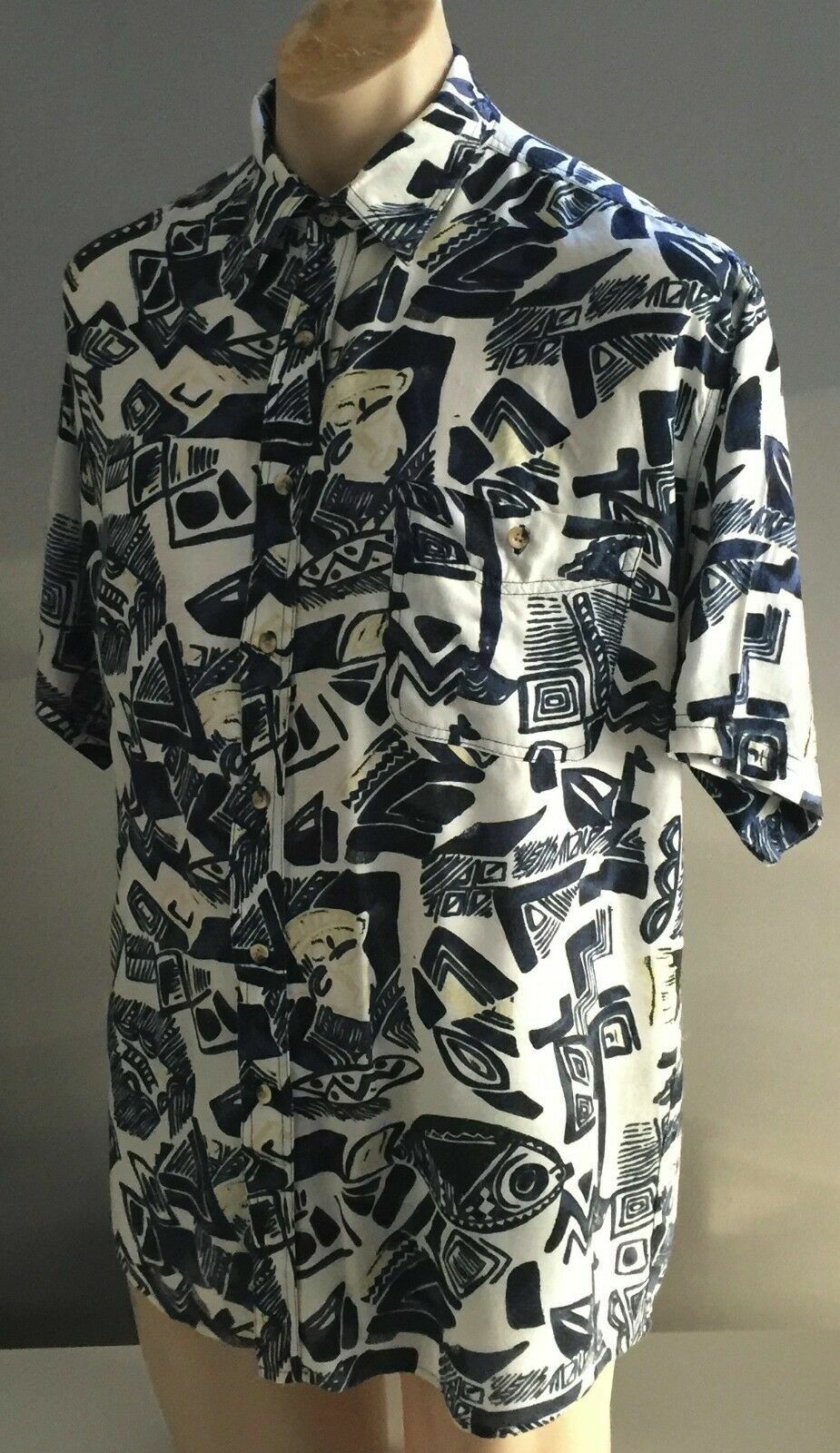 BLUE RIDGE Loud Shirt Blue White Gold Abstract Viscose Size L 100cm Chest 1980s