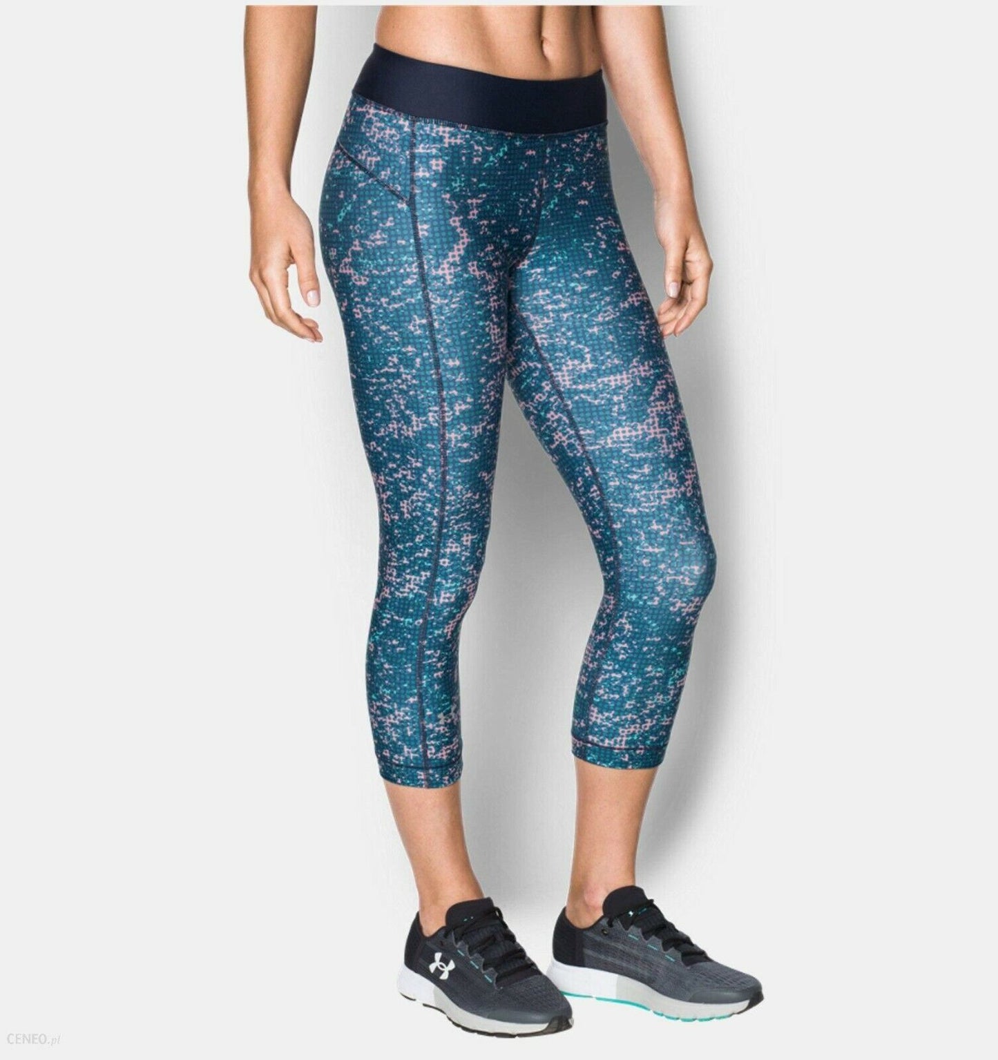 UNDER ARMOUR Leggings HeatGear Capri Green Navy Salmon Print Compression Sz XS