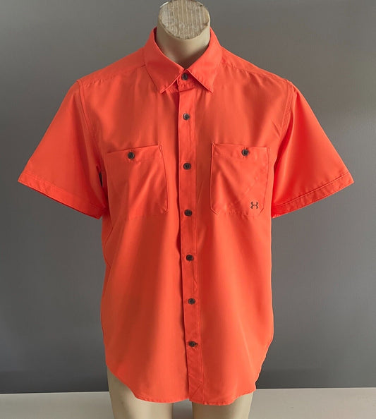 Mens UNDER ARMOUR " HeatGear " Neon Orange Short Sleeve Button Shirt Size M NEW