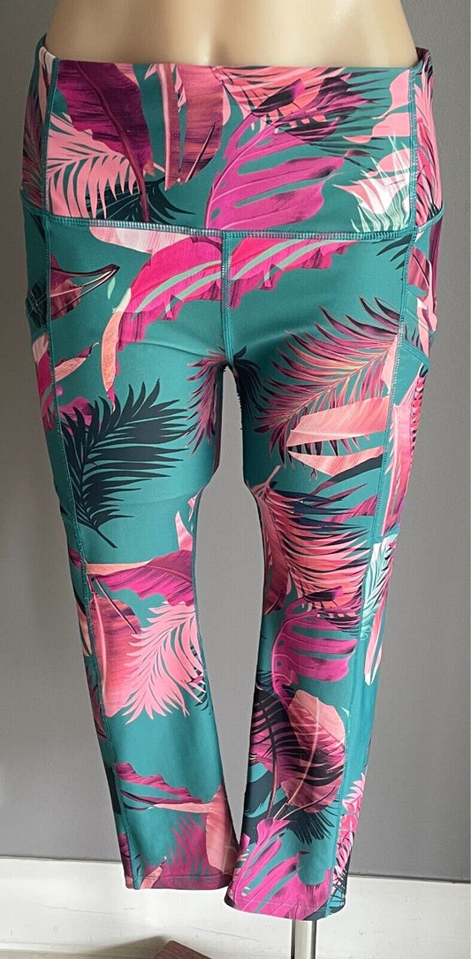 ROCKWEAR Leggings Green Pink Coral Tropical Print 7/8 Length Activewear Size 14