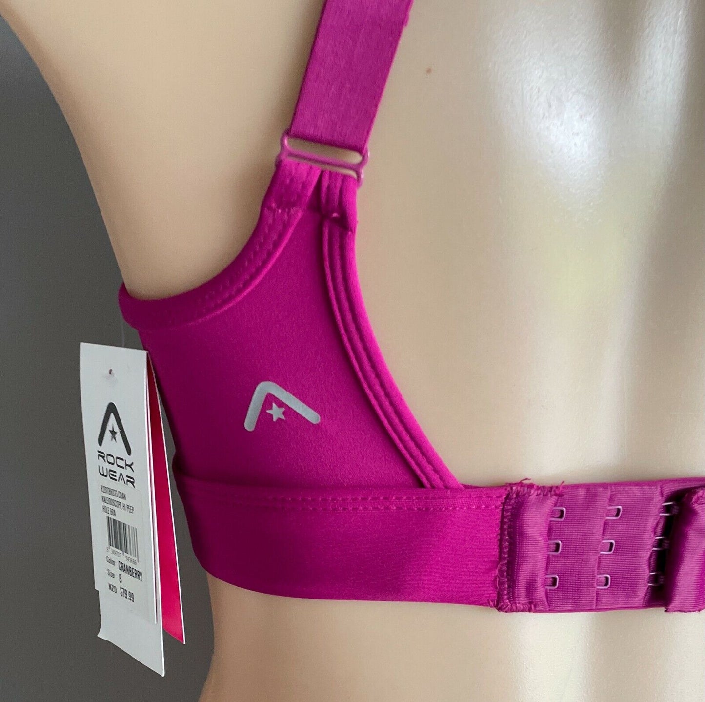 ROCKWEAR Sports Bra Cranberry Kaleidoscope Hi Peep Hole Ladies Size 8 10 Gym NEW