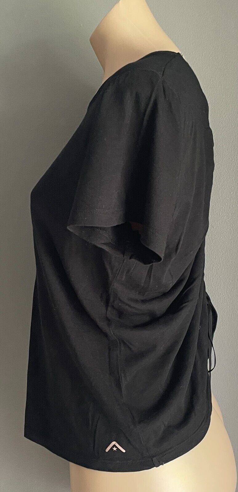 ROCKWEAR Top Black Short Sleeve Drawstring Gathered Back Size 10 Athleisure NEW