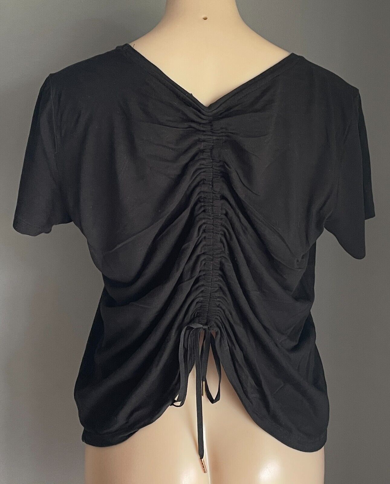 ROCKWEAR Top Black Short Sleeve Drawstring Gathered Back Size 10 Athleisure NEW
