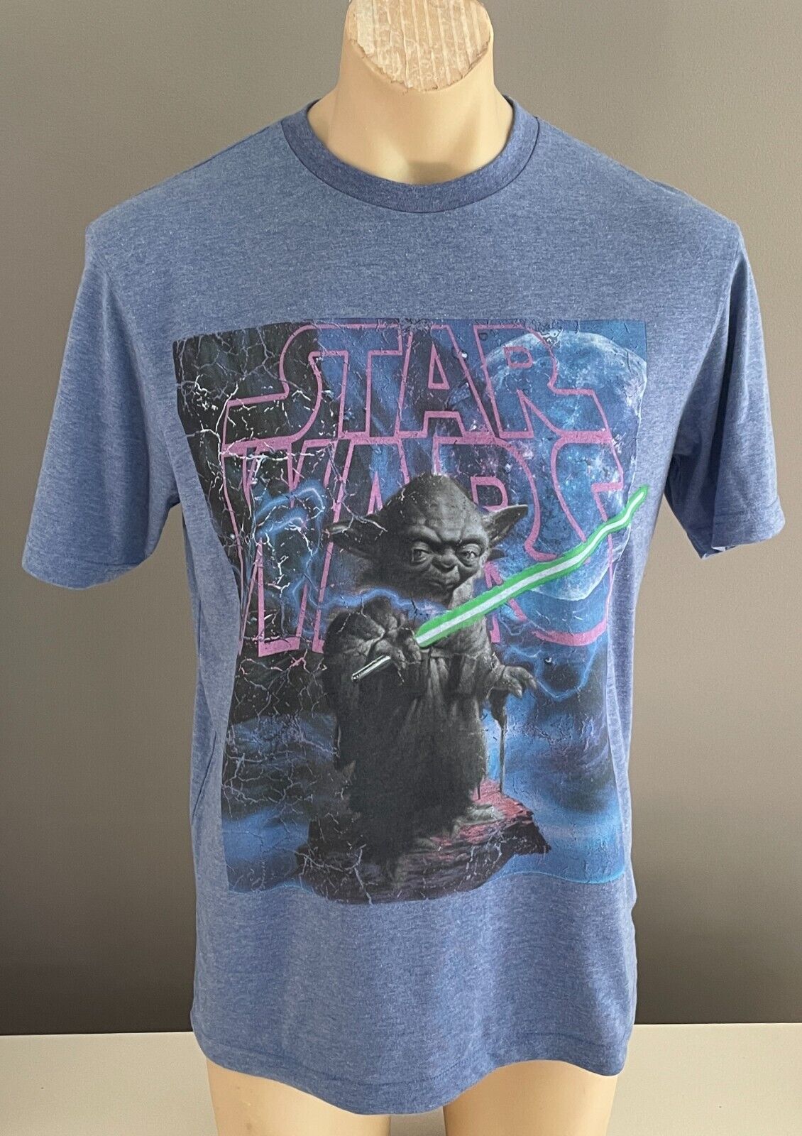 STAR WARS Unisex T-Shirt Yoda Blue Marl Tee Size S Lucas Film Heat Press NEW