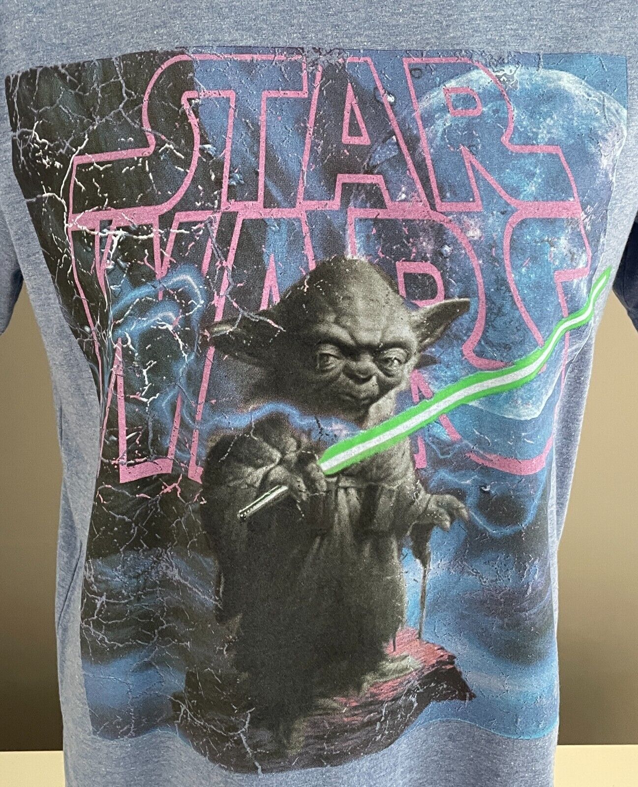 STAR WARS Unisex T-Shirt Yoda Blue Marl Tee Size S Lucas Film Heat Press NEW