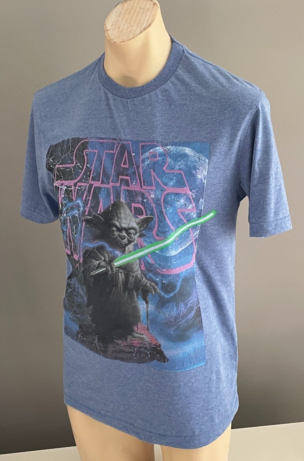 STAR WARS Unisex T-Shirt Yoda Blue Marl Tee Size S Lucas Film Heat Press NEW