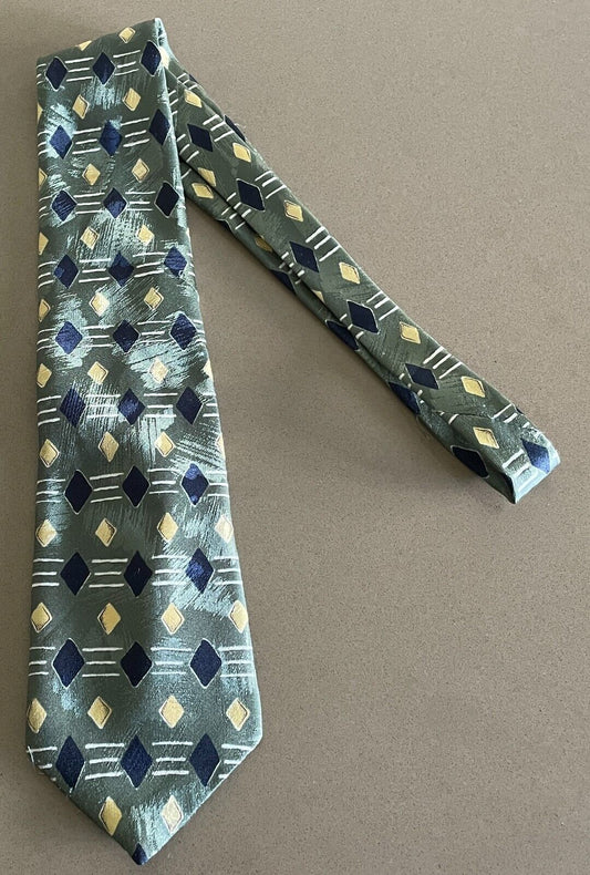 ST MICHAEL Neck Tie Khaki Navy Pale Yellow White Abstract Print Mens Cravat