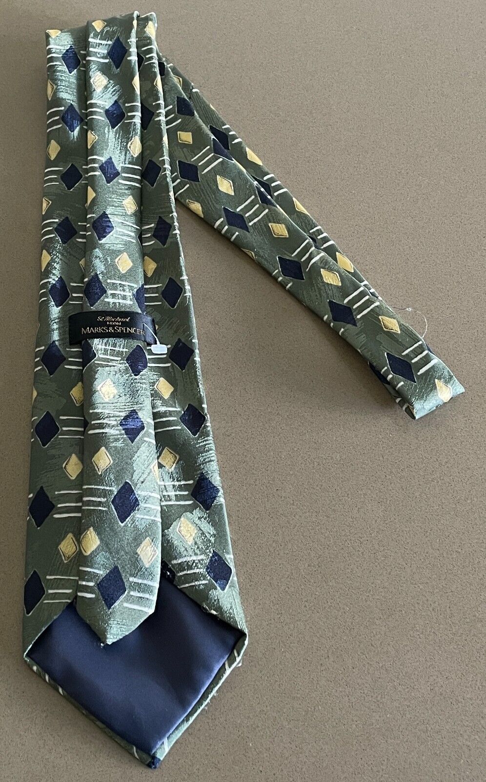 ST MICHAEL Neck Tie Khaki Navy Pale Yellow White Abstract Print Mens Cravat