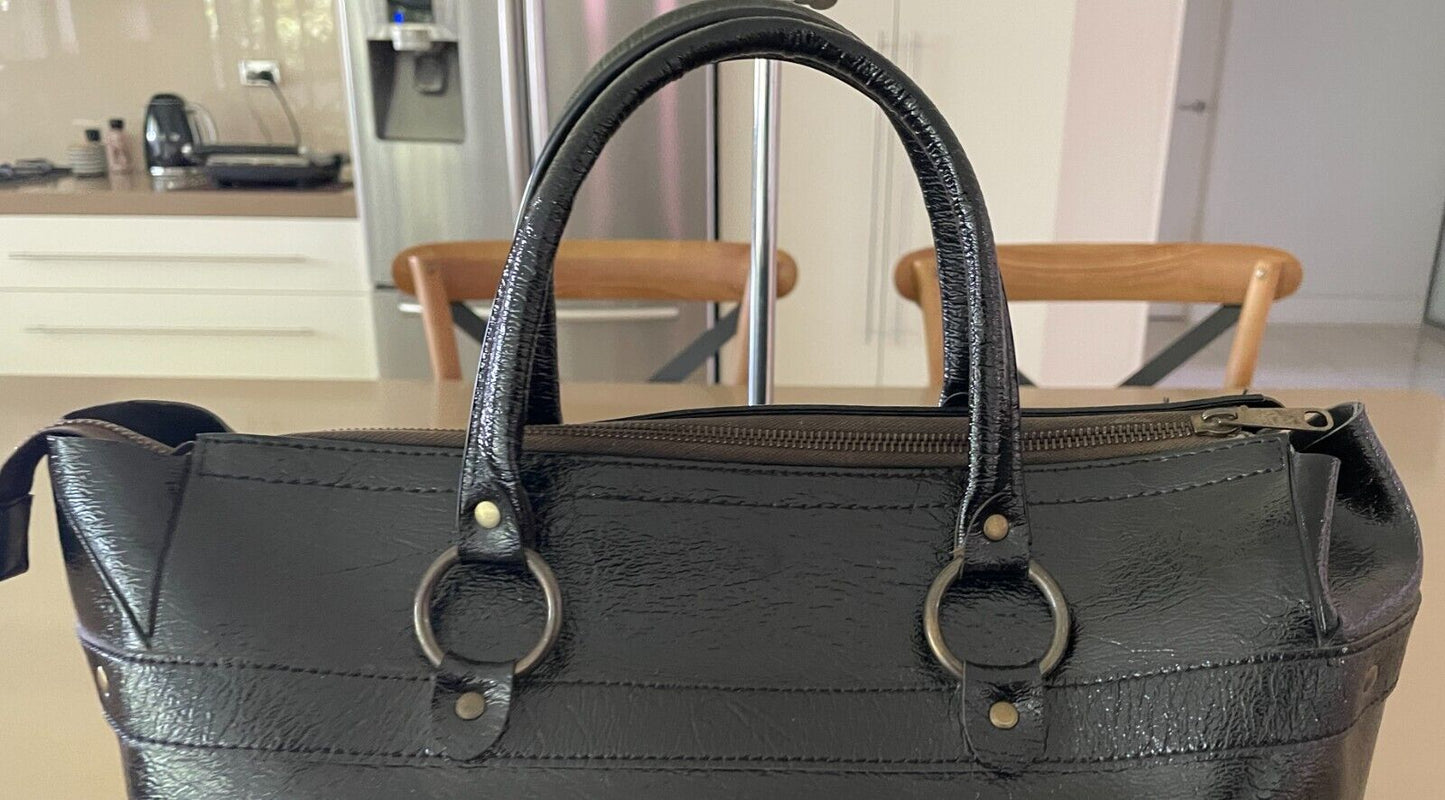 ST MICHAEL HandBag Crackled Black Patent Pleather Tote Double Handles Vintage