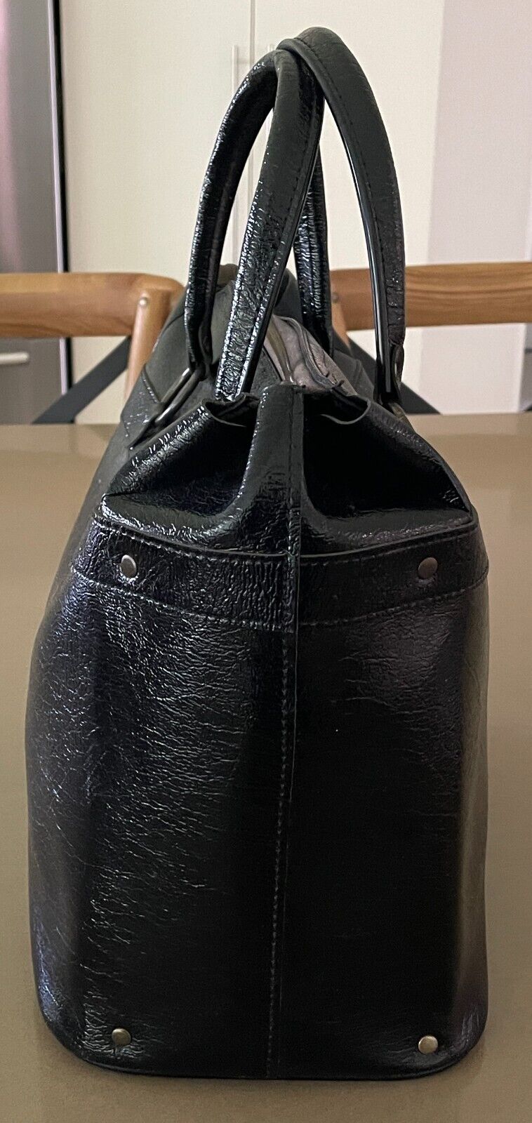 ST MICHAEL HandBag Crackled Black Patent Pleather Tote Double Handles Vintage