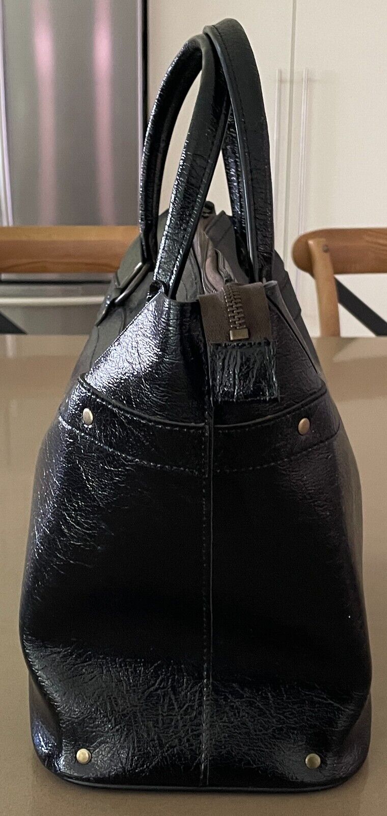 ST MICHAEL HandBag Crackled Black Patent Pleather Tote Double Handles Vintage