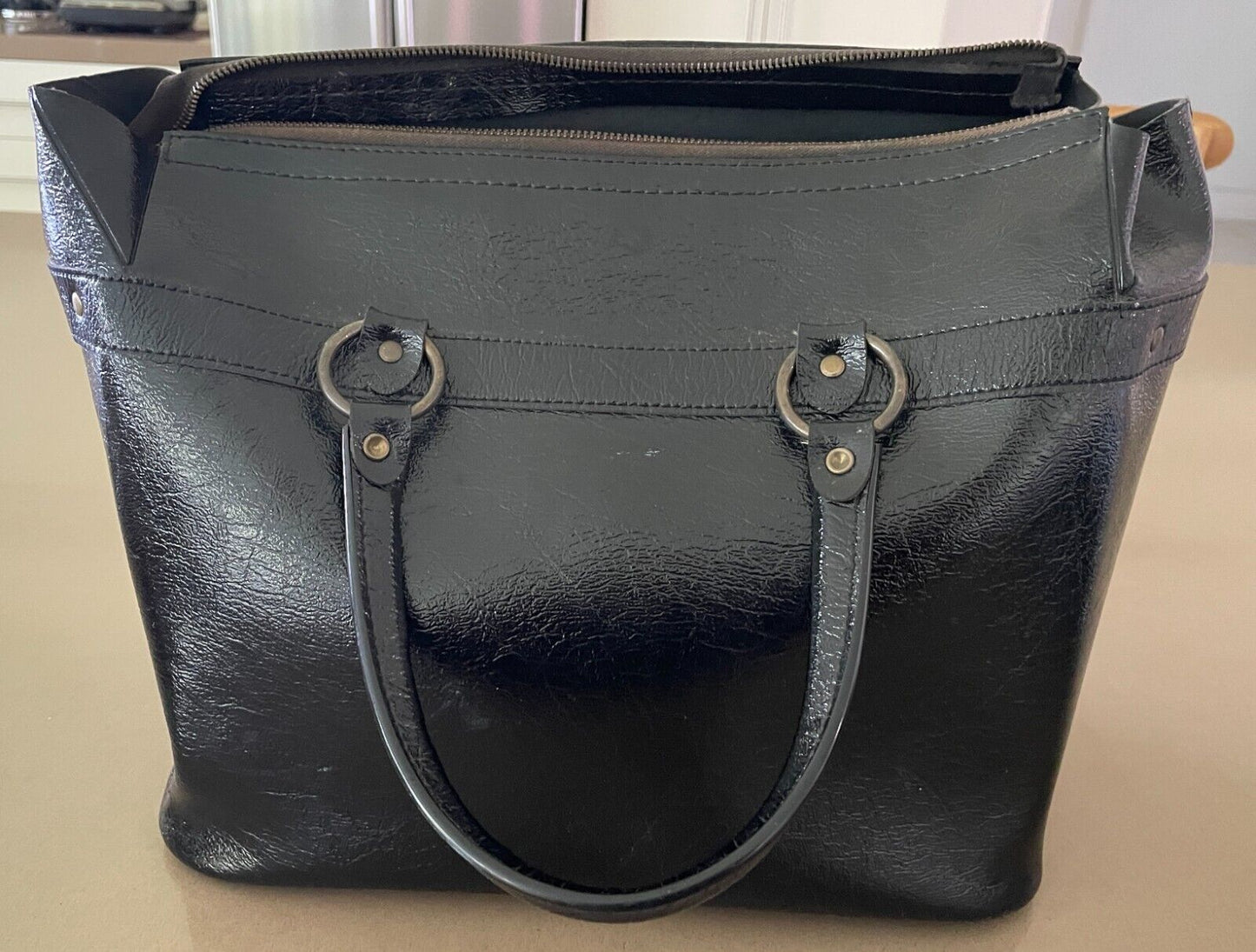 ST MICHAEL HandBag Crackled Black Patent Pleather Tote Double Handles Vintage