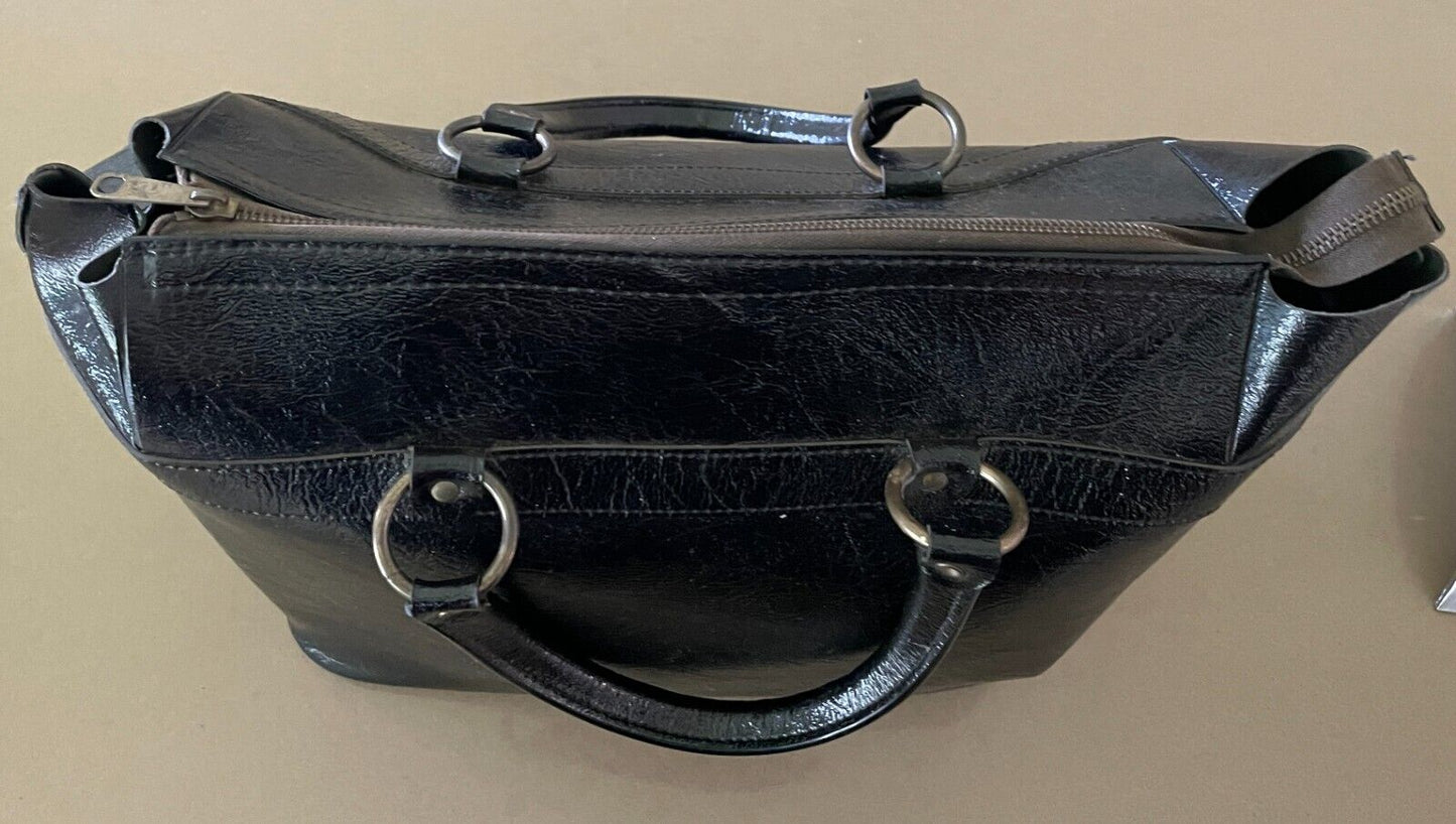 ST MICHAEL HandBag Crackled Black Patent Pleather Tote Double Handles Vintage