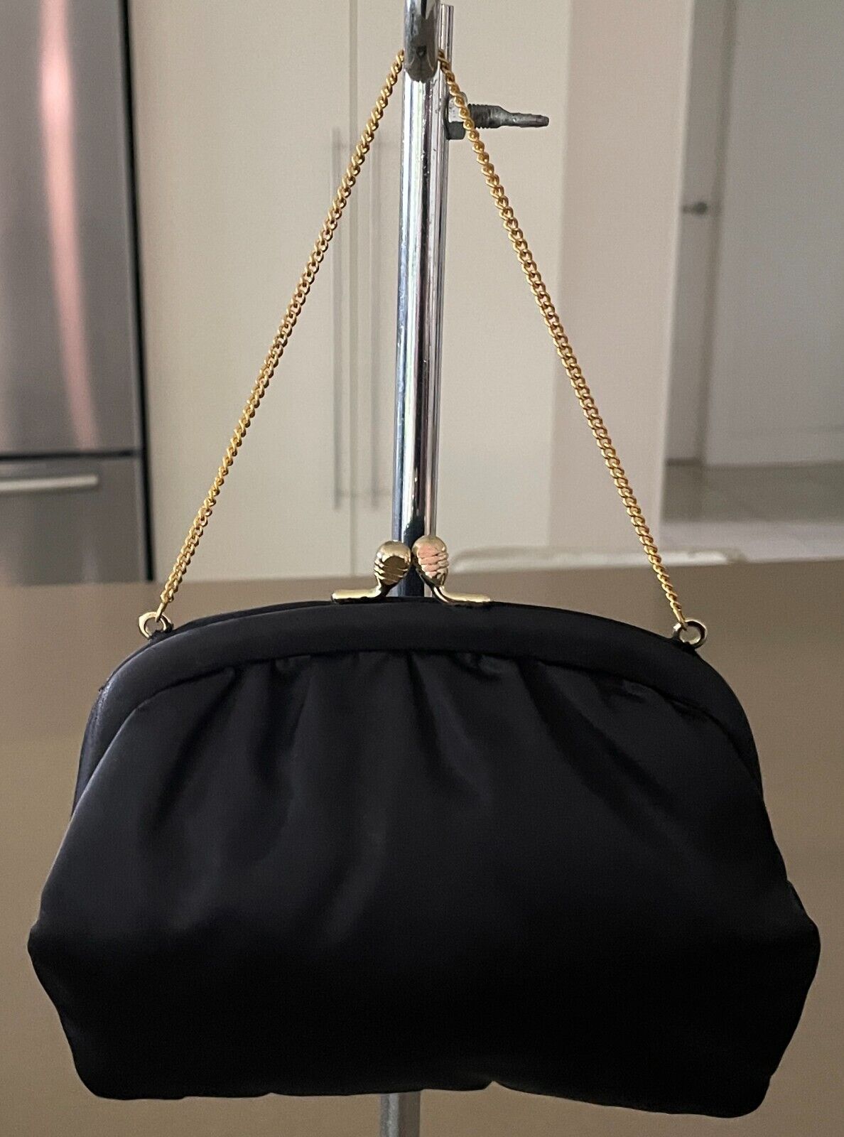 Vintage MAYFAIR OF MELBOURNE Black Frame Purse w Chain Matte Satin Fabric Bag