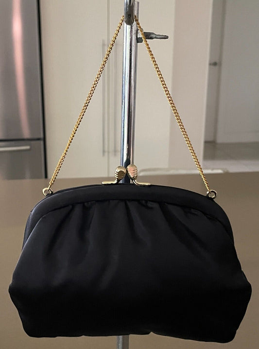Vintage MAYFAIR OF MELBOURNE Black Frame Purse w Chain Matte Satin Fabric Bag