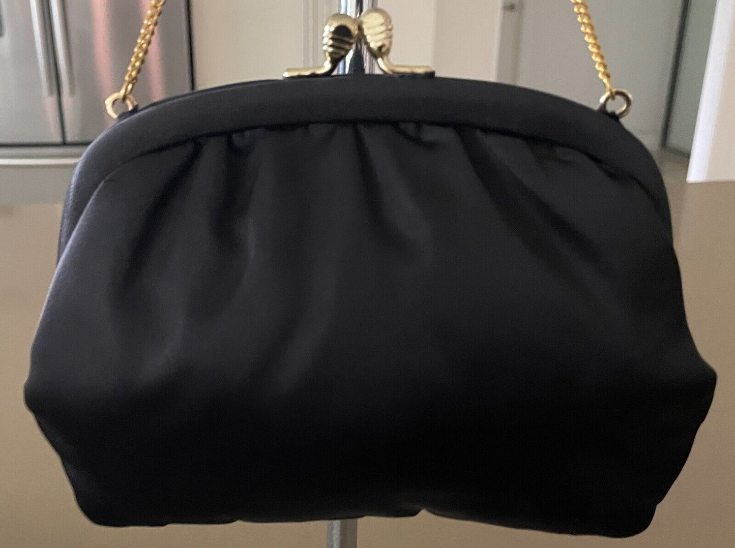 Vintage MAYFAIR OF MELBOURNE Black Frame Purse w Chain Matte Satin Fabric Bag