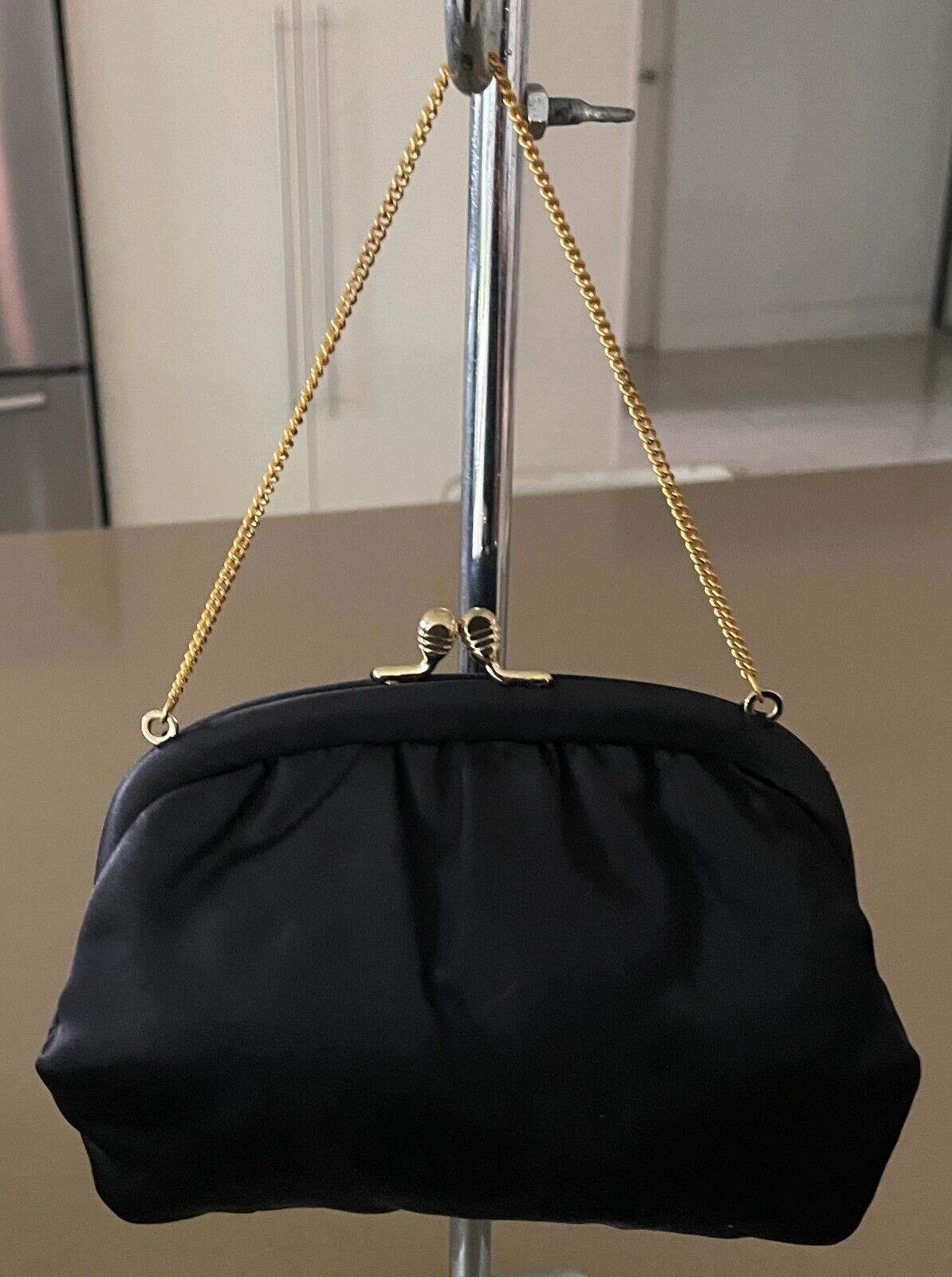 Vintage MAYFAIR OF MELBOURNE Black Frame Purse w Chain Matte Satin Fabric Bag