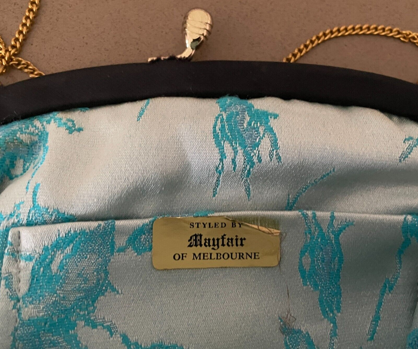Vintage MAYFAIR OF MELBOURNE Black Frame Purse w Chain Matte Satin Fabric Bag