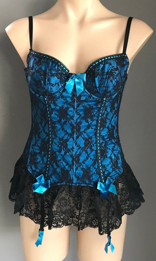 HANKY PANKY Burlesque Corset Suspenders Black & Teal Blue Lace Size 10 NEW Sexy