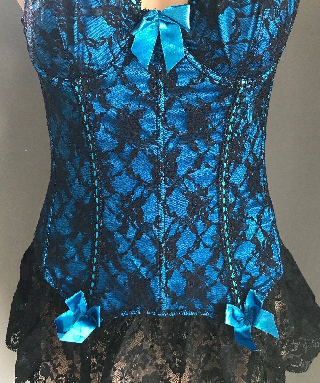 HANKY PANKY Burlesque Corset Suspenders Black & Teal Blue Lace Size 10 NEW Sexy
